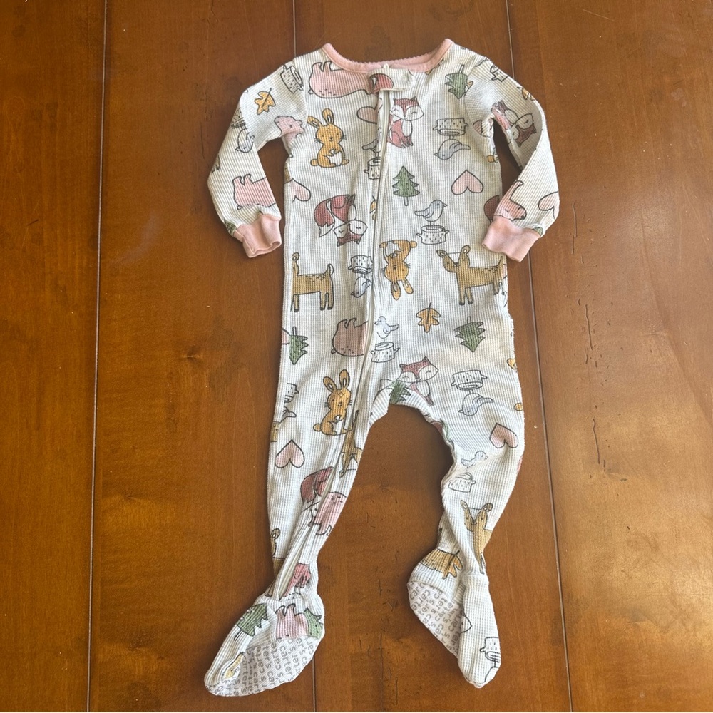 Carter's Waffle Knit Pink and White Animal Print Footie ZipUp Pajamas 12m